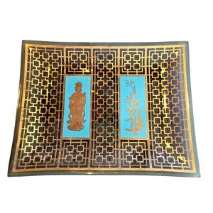 Vtg Mid Century Serving Tray Smoked Glass Trinket Plate Gold Blue Asian Bamboo